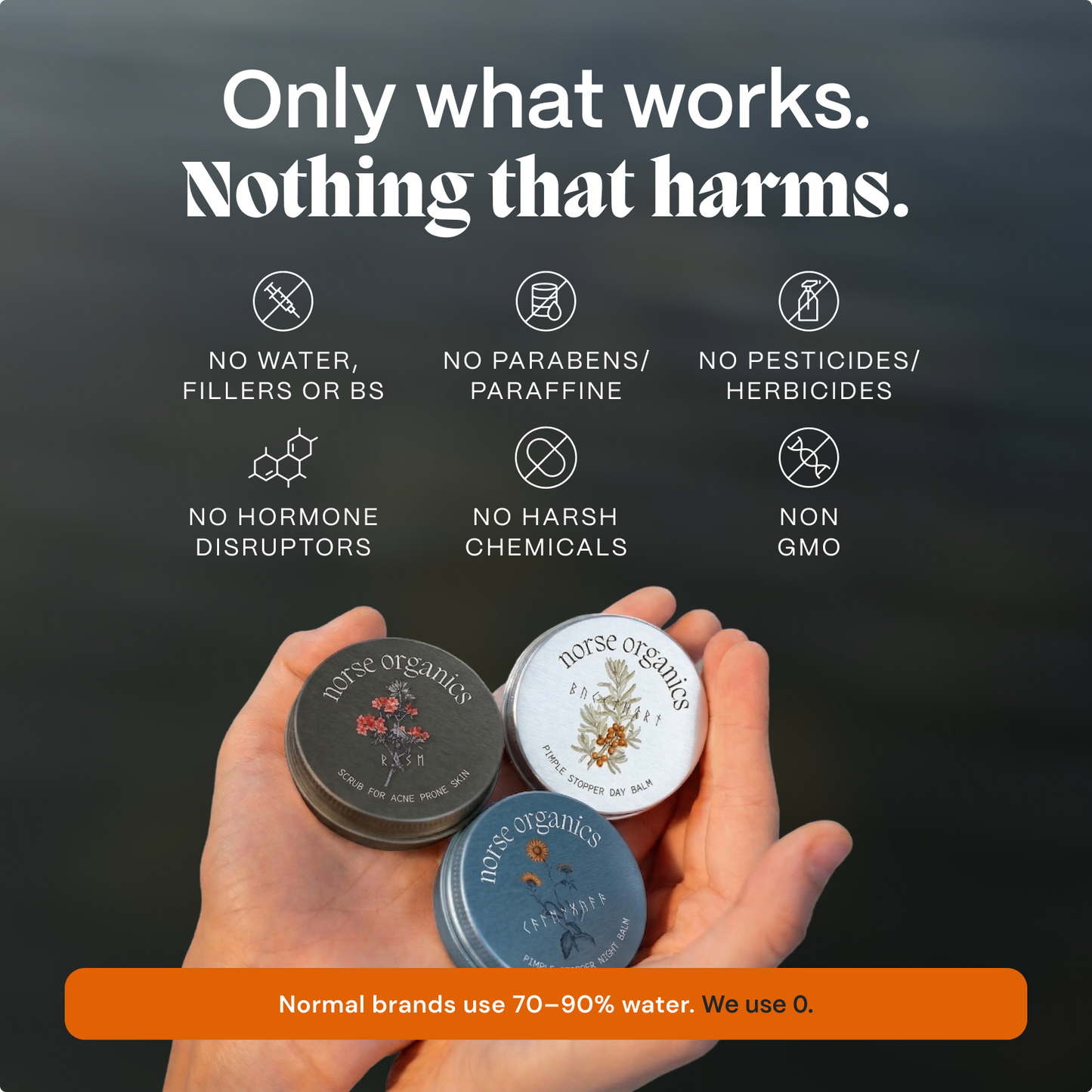 Hands holding three Kill Acne & Redness Ritual jars beside a free-from natural ingredients graphic