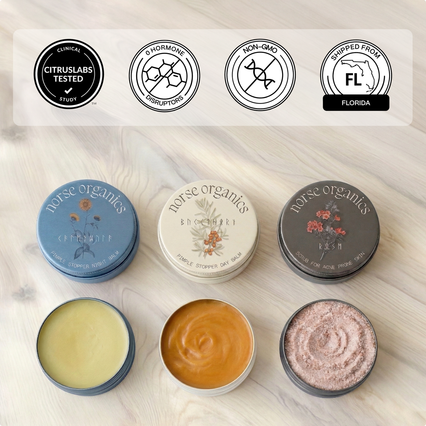 Three open Kill Acne & Redness Ritual jars with clinical-test and non-GMO trust badges