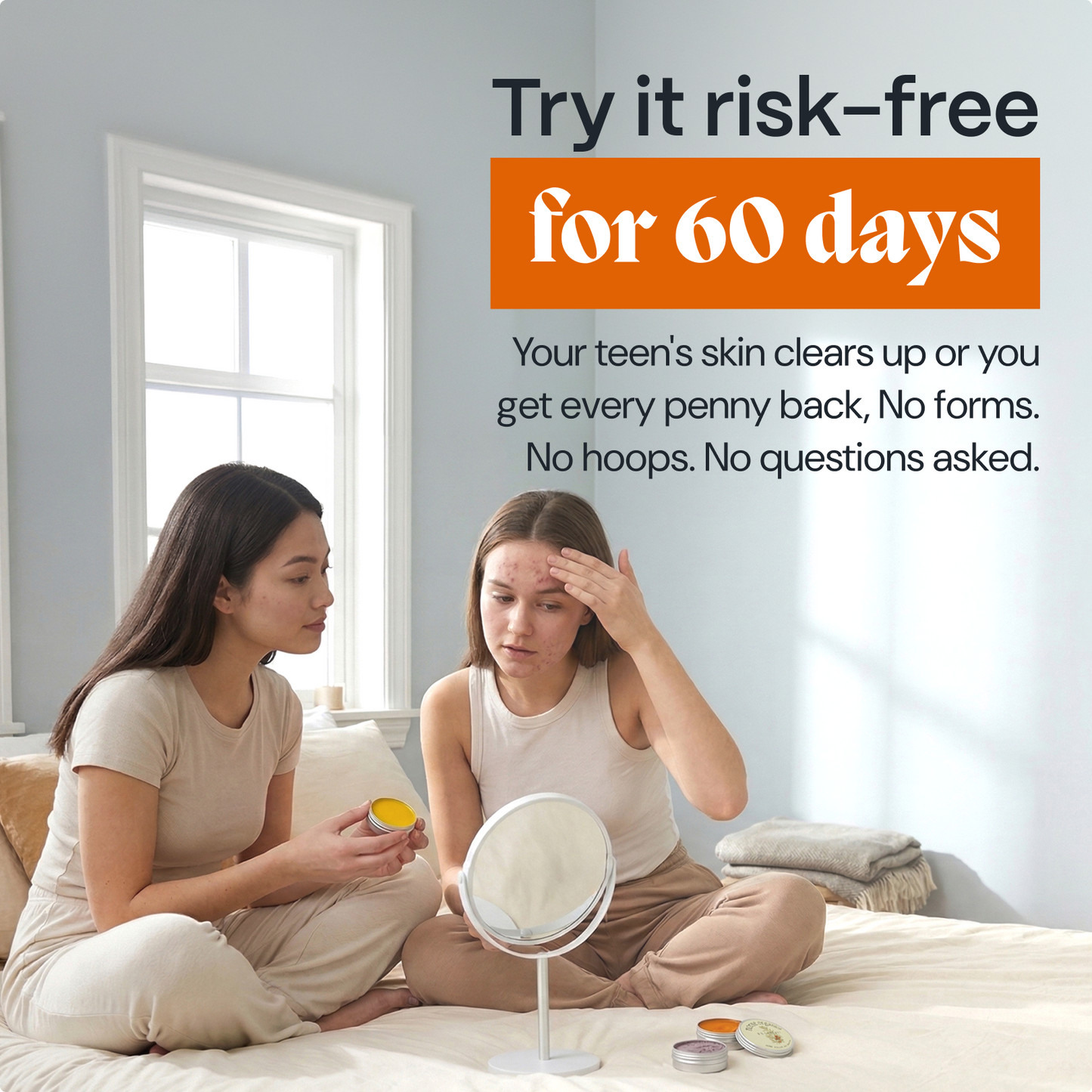 Mother and teen using the Kill Acne & Redness Ritual beside a 60-day risk-free guarantee message