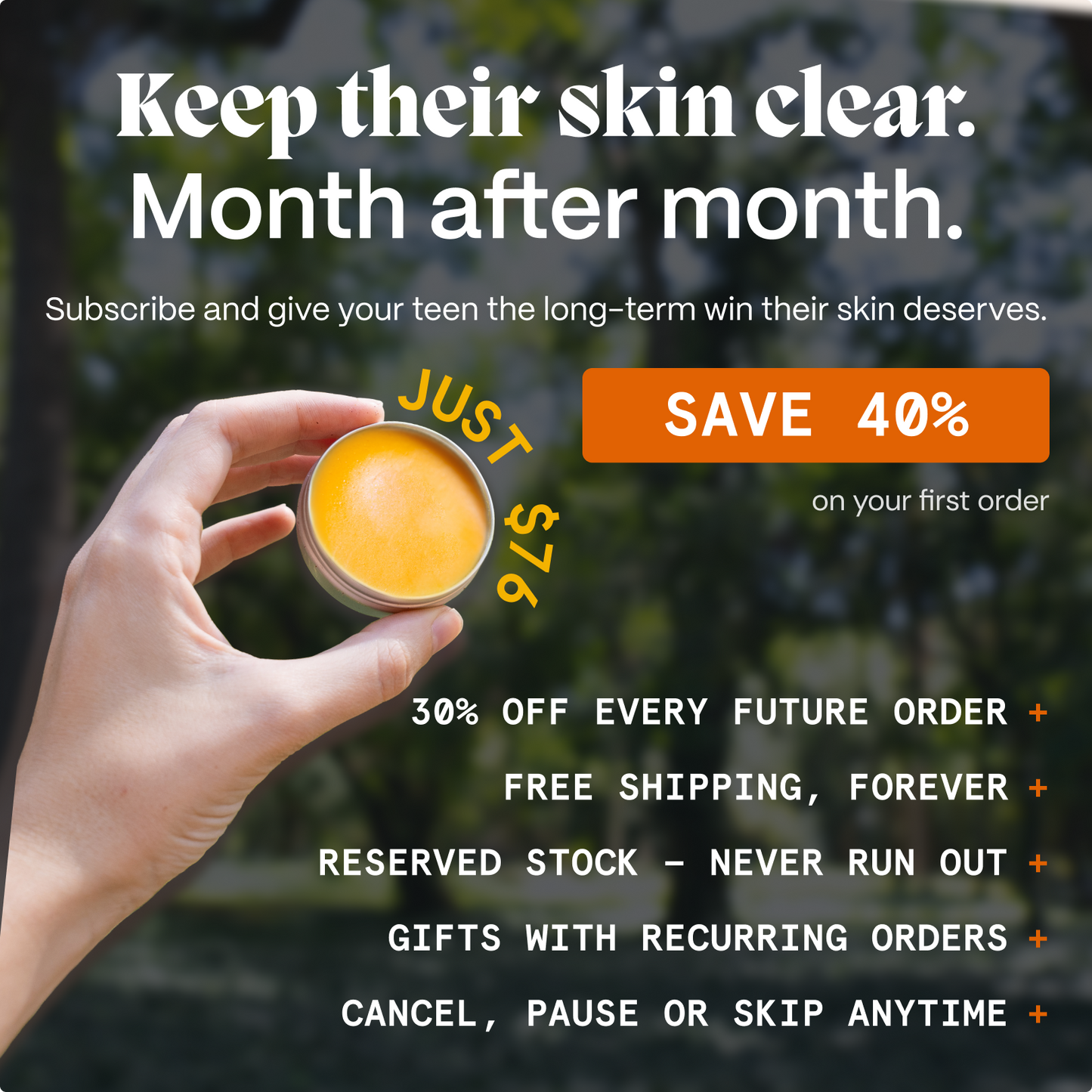 Subscription offer graphic for the Kill Acne & Redness Ritual with a hand holding a balm jar