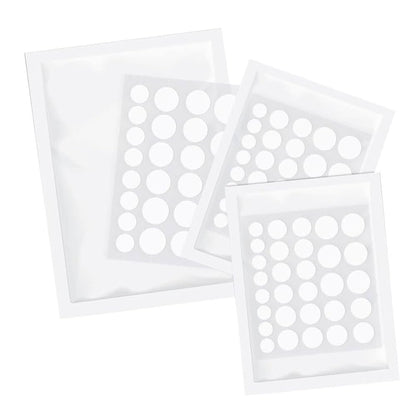 Three sheets of clear hydrocolloid Norse Organics acne patches in assorted sizes