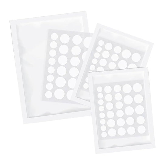 Three sheets of clear hydrocolloid Norse Organics acne patches in assorted sizes