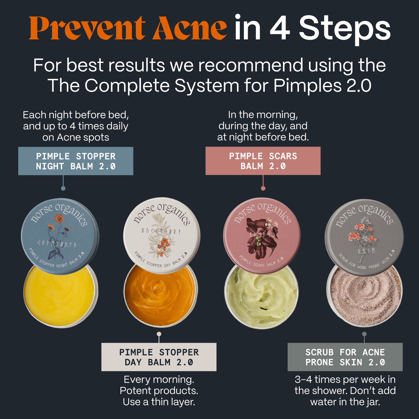 Prevent-acne-in-4-steps graphic for the Acne Killer System with scrub, day, scars and night balms