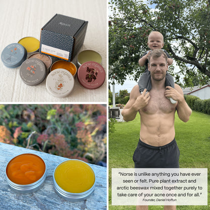Lifestyle collage of Norse Organics balms and founder outdoors with Arctic botanicals