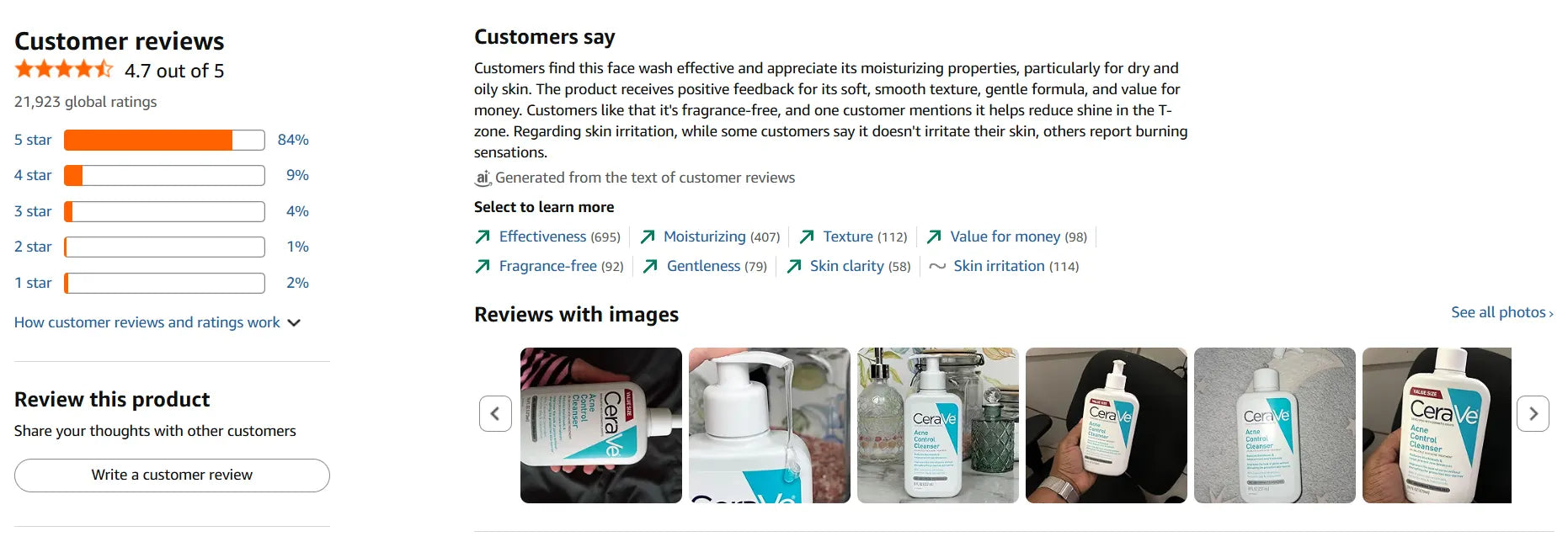 Screenshot of CeraVe acne product customer reviews on Amazon