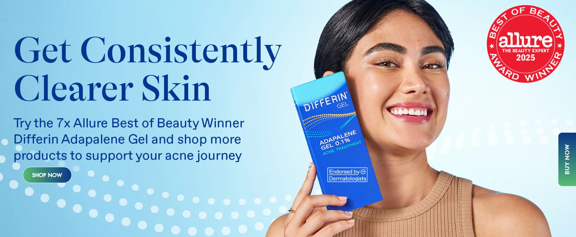Differin banner with a woman holding Differin Adapalene Gel, an Allure Best of Beauty winner