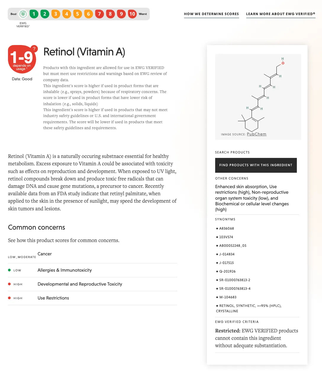EWG Skin Deep ingredient-safety screenshot for retinol