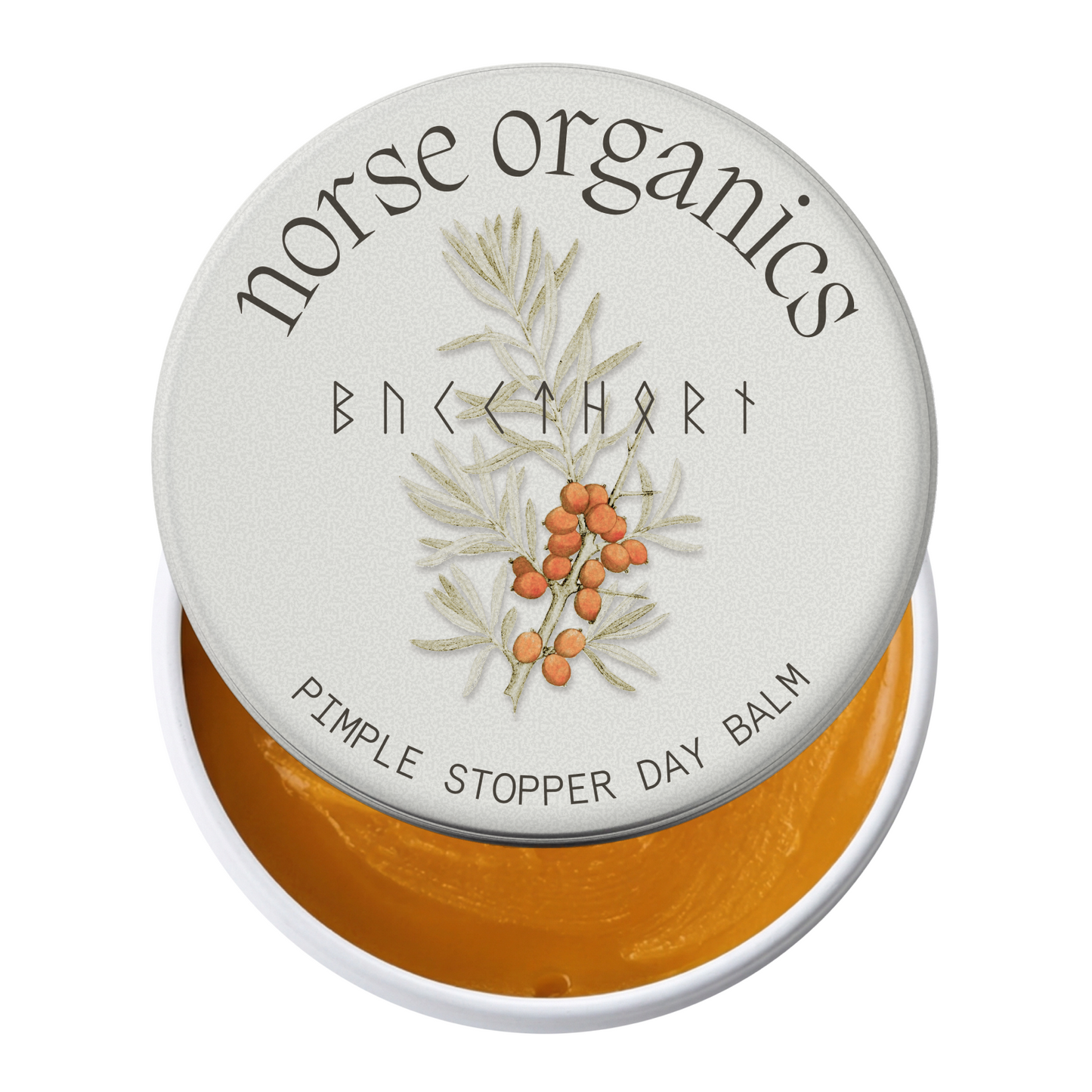 Open Pimple Stopper Day Balm tin with golden balm and sea buckthorn lid art for acne-prone skin