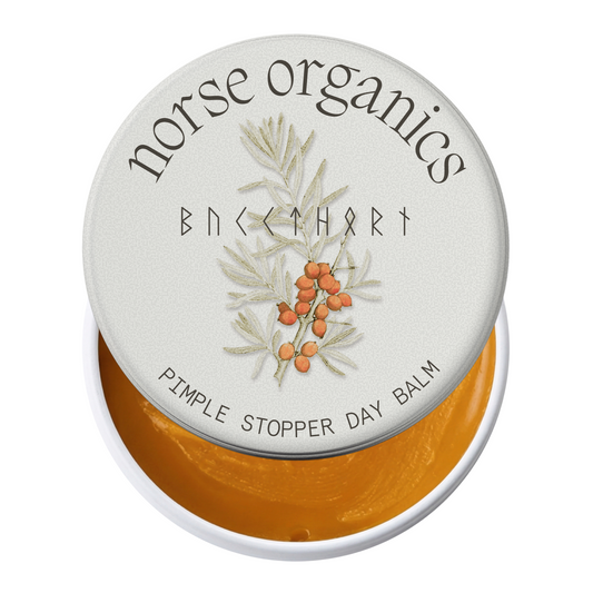 Open Pimple Stopper Day Balm tin with golden balm and sea buckthorn lid art for acne-prone skin