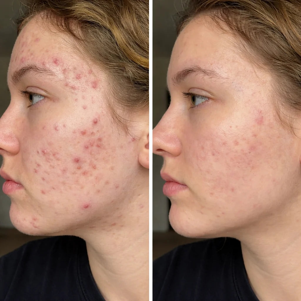Skin-barrier infographic showing how bacteria, clogged pores and inflammation cause acne