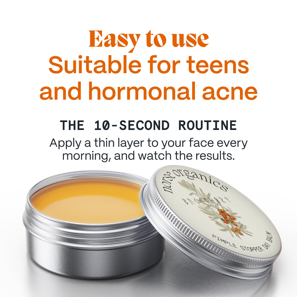 Open Pimple Stopper Day Balm tin with golden balm and how-to-apply steps for acne-prone skin