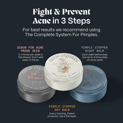 Three-step routine graphic pairing the Scrub, Day Balm and Pimple Stopper Night Balm