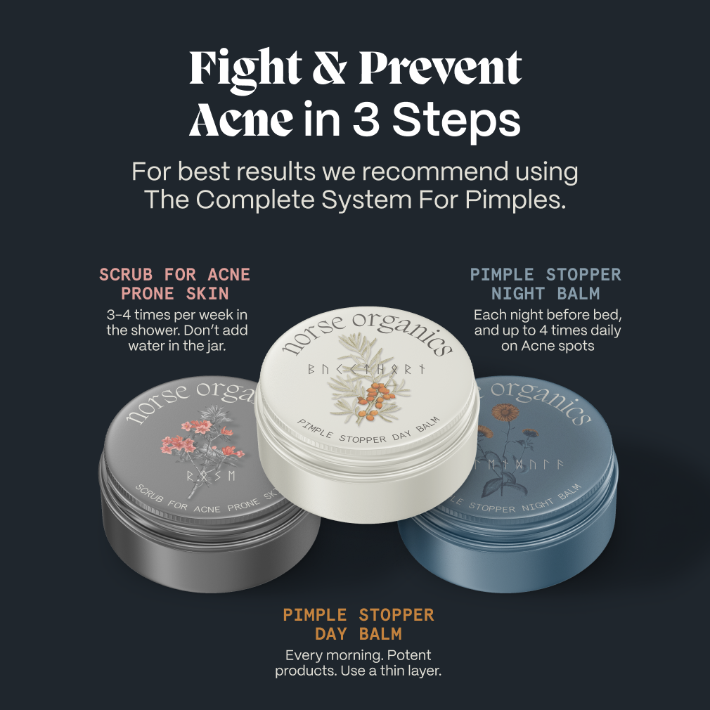 Graphic showing the Scrub for Acne Prone Skin in a three-step Norse Organics routine
