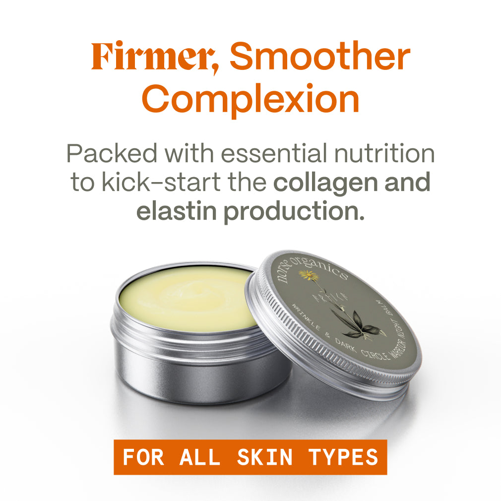 Open Wrinkle & Dark Circle Warrior Night Balm tin beside a firmer, smoother-looking complexion message