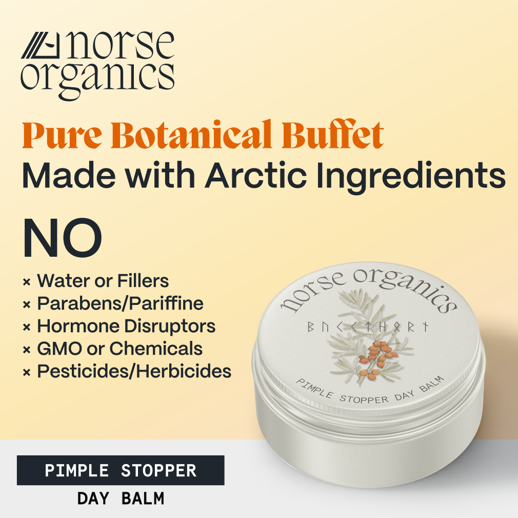 Pure Botanical Buffet graphic with closed Pimple Stopper Day Balm tin made with Arctic botanicals