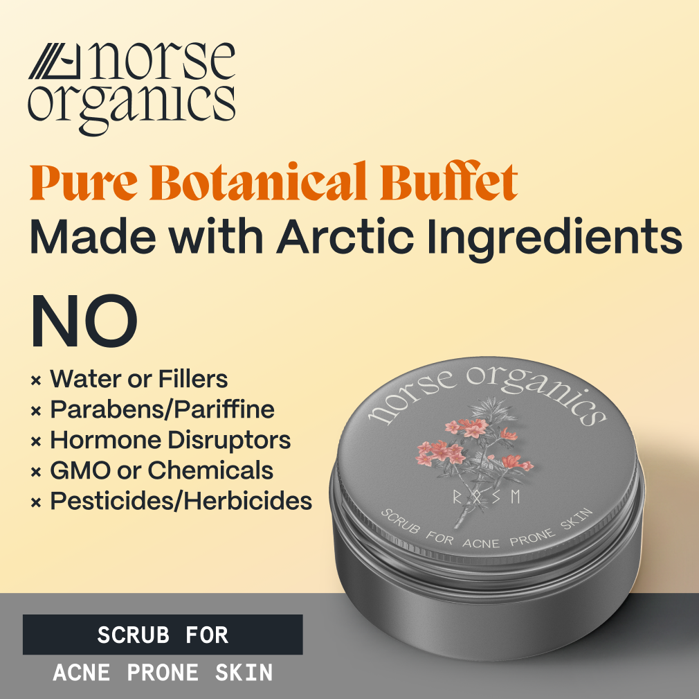 Graphic showing the acne-prone skin scrub tin made with Arctic botanicals and no fillers