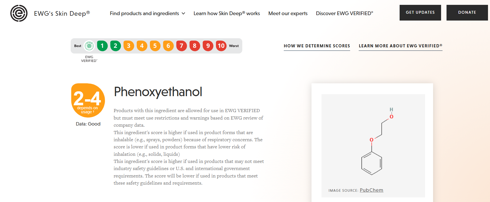 EWG Skin Deep ingredient-safety screenshot for phenoxyethanol with its chemical structure