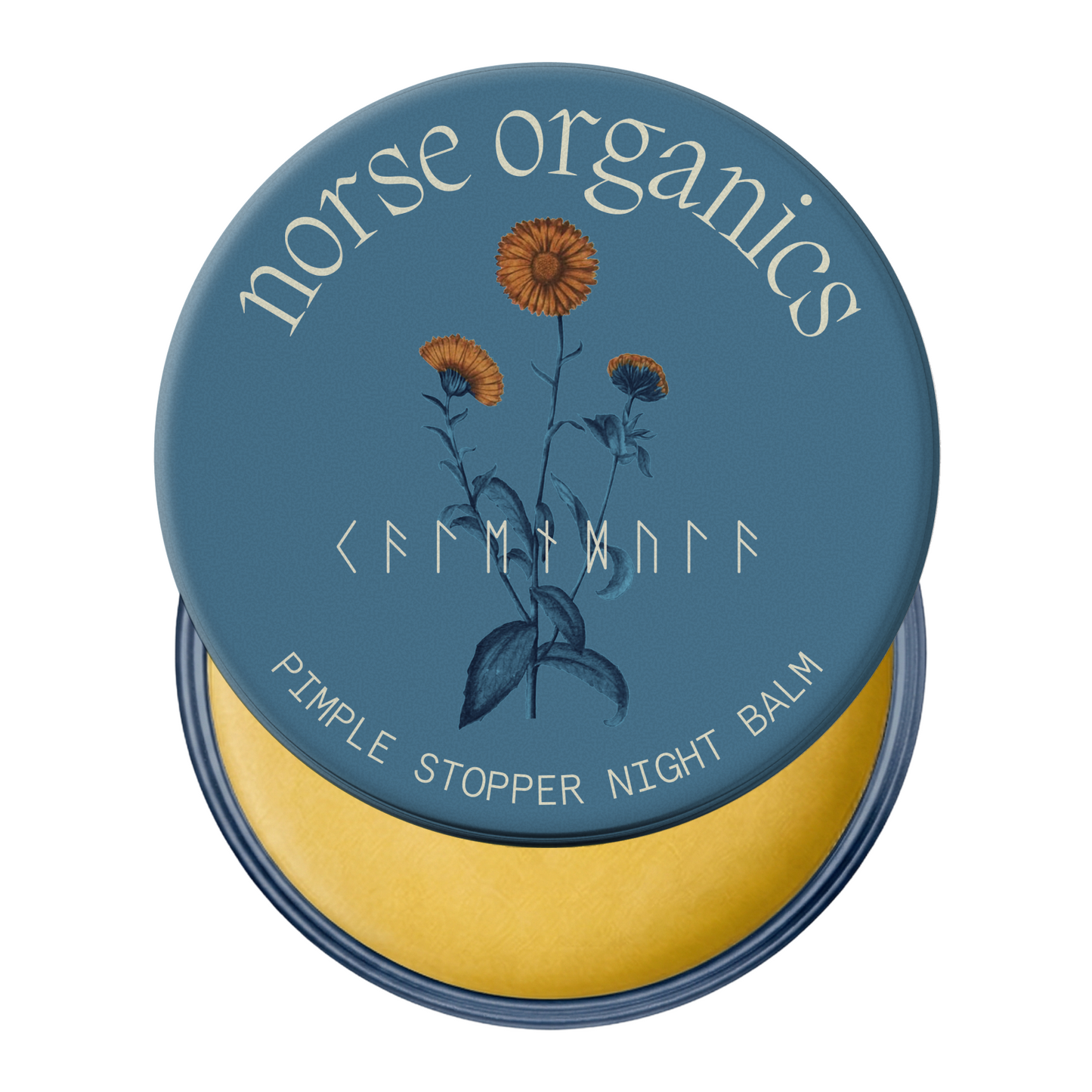 Pimple Stopper Night Balm open tin with yellow natural balm and blue lid with marigold art