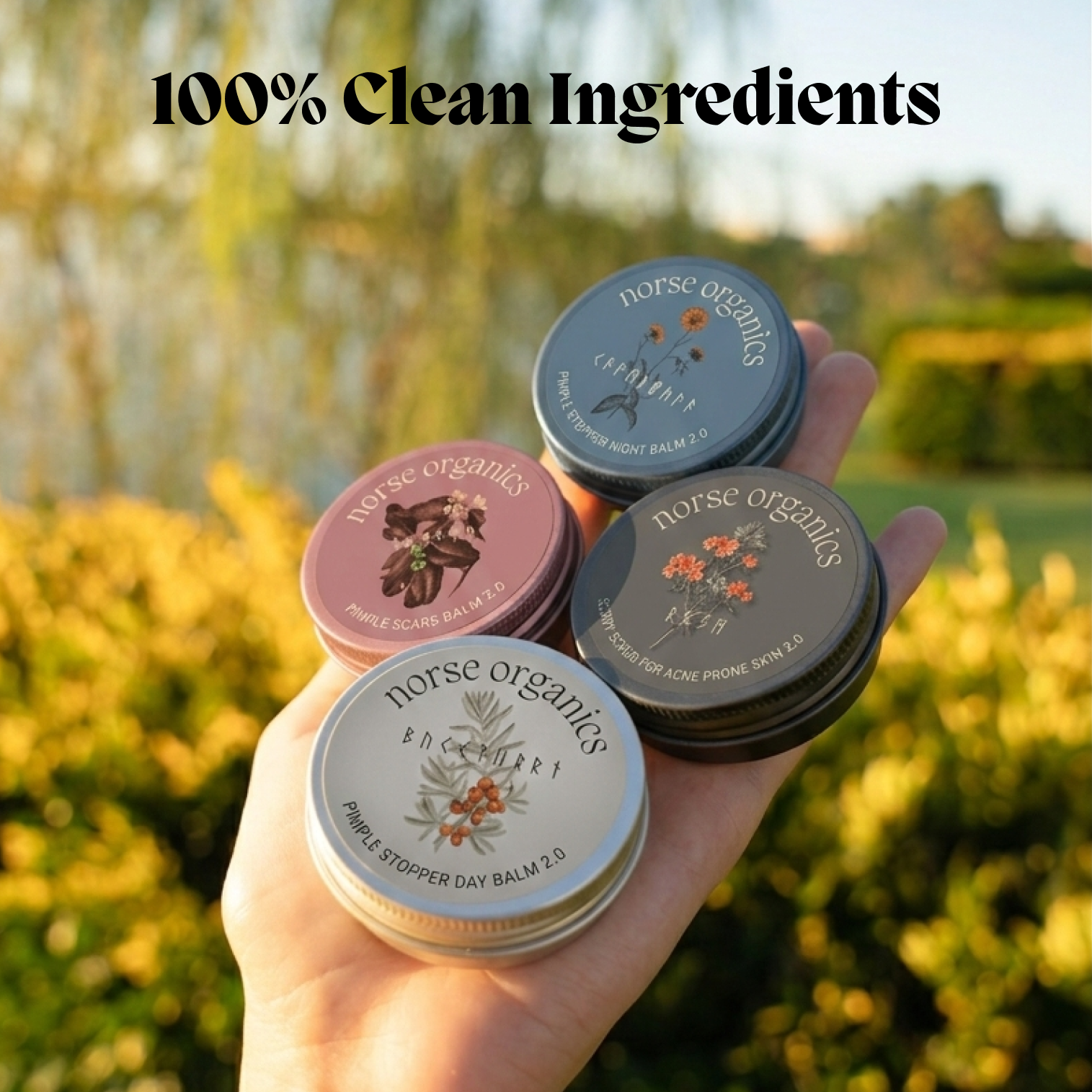 Hand holding the four Complete Acne Killer System 2.0 jars outdoors with a clean ingredients label