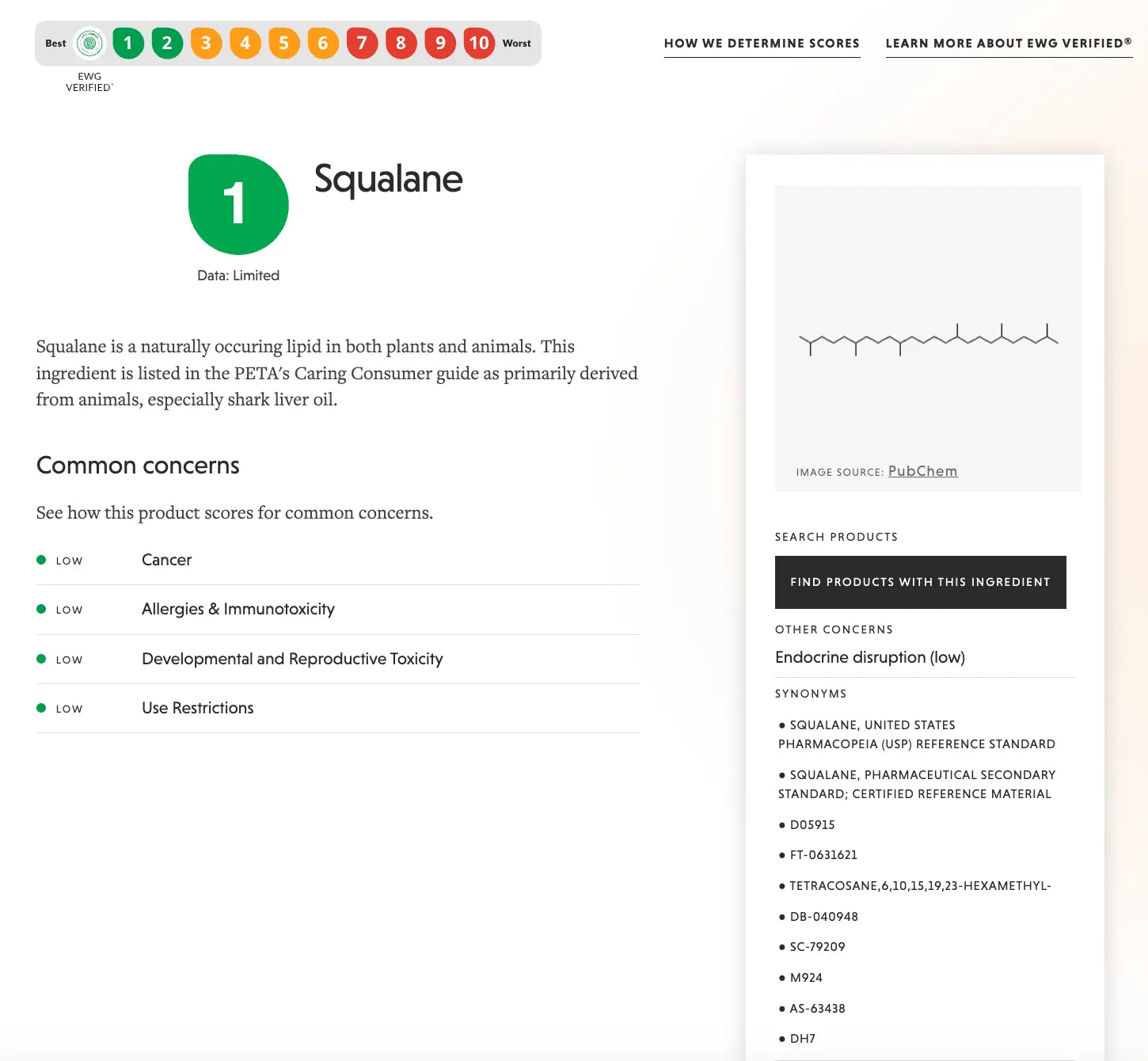 EWG Skin Deep ingredient-safety screenshot for squalane