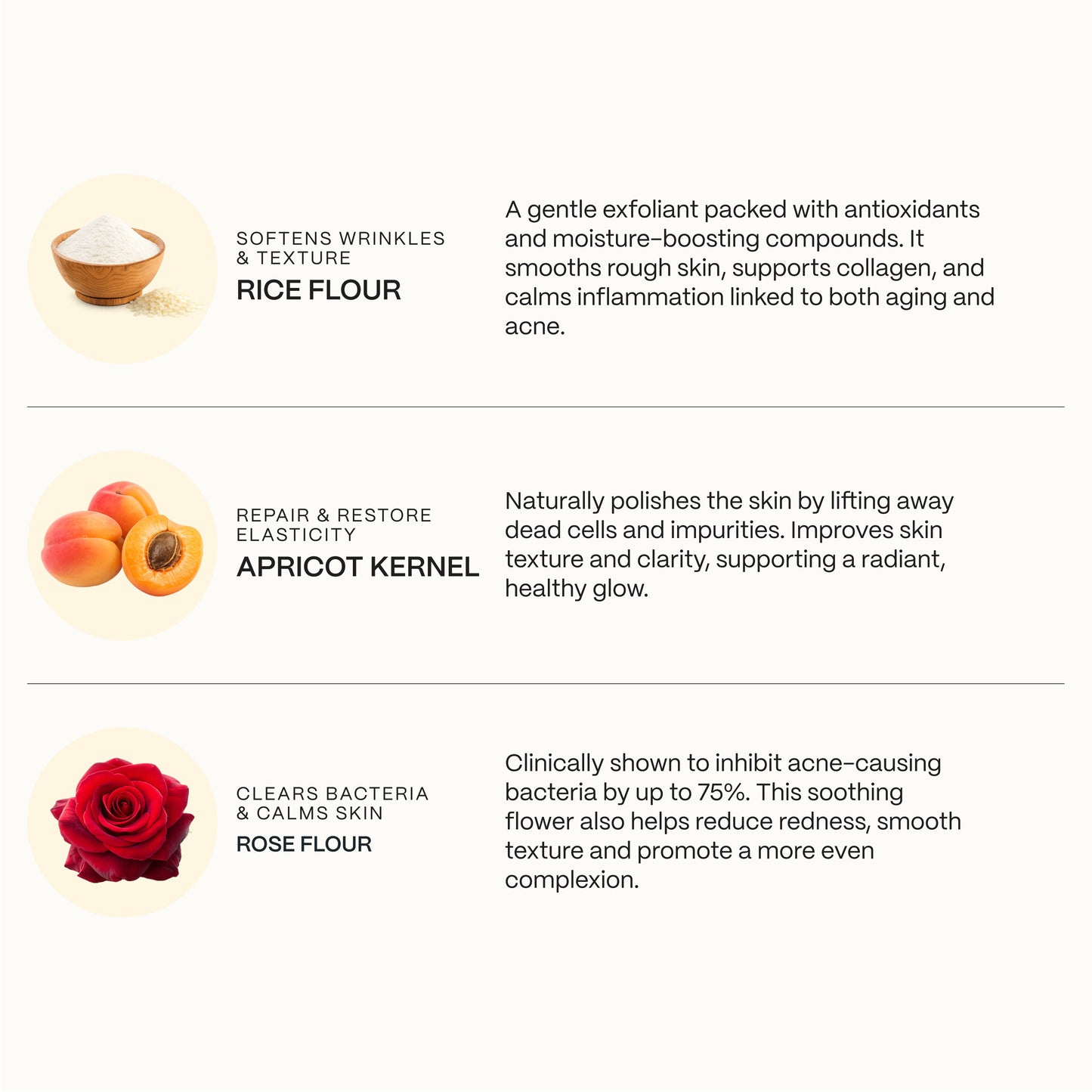 Ingredient infographic for the acne-prone skin scrub naming rice flour, apricot kernel and rose flour
