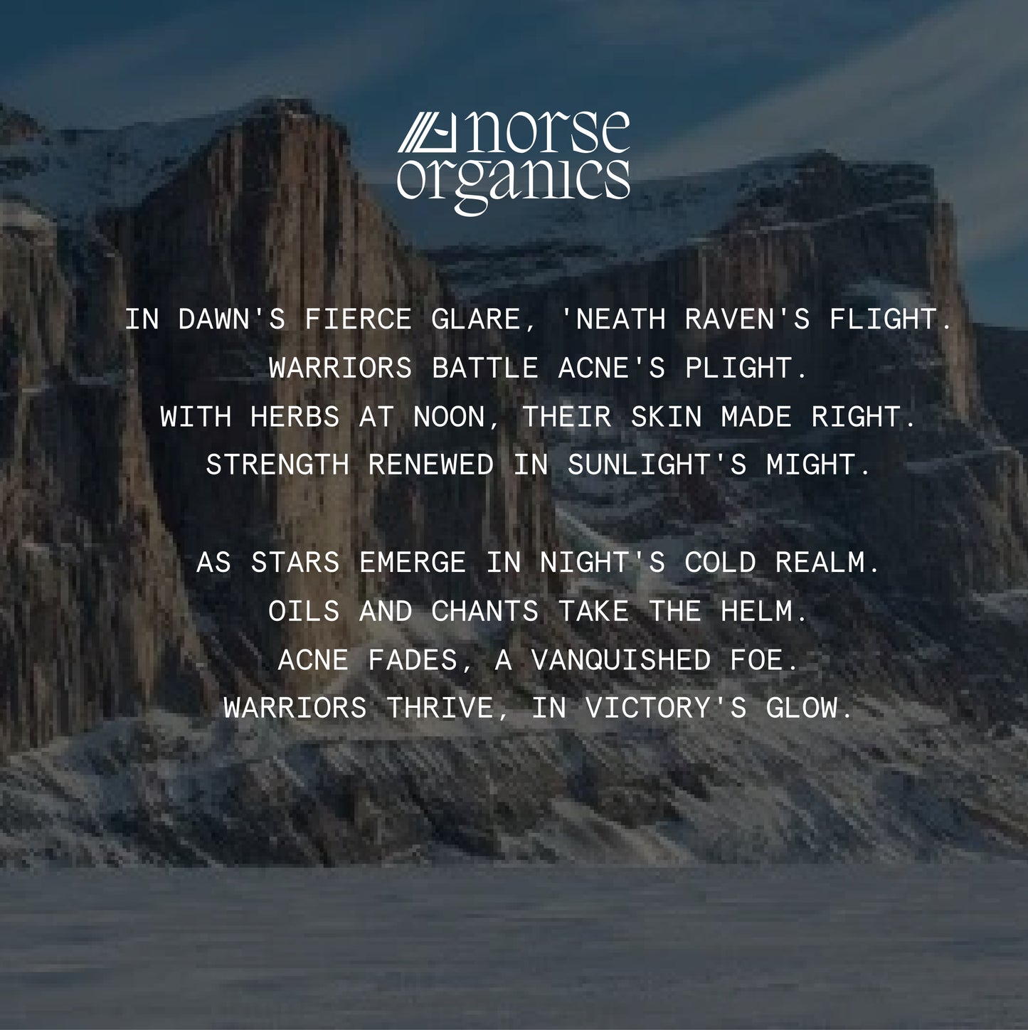 Anti-Age & Glow Ritual brand poem over a wild Arctic mountain landscape, Nordic natural skincare