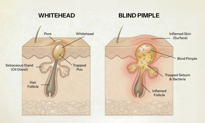 Cross-section diagram comparing a normal whitehead with a deeper blind pimple in the skin