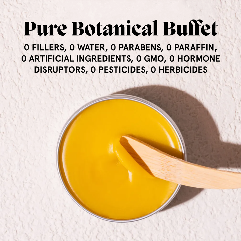 Open Acne Stopper Starter Pack balm with a spatula beside a free-from Pure Botanical Buffet graphic