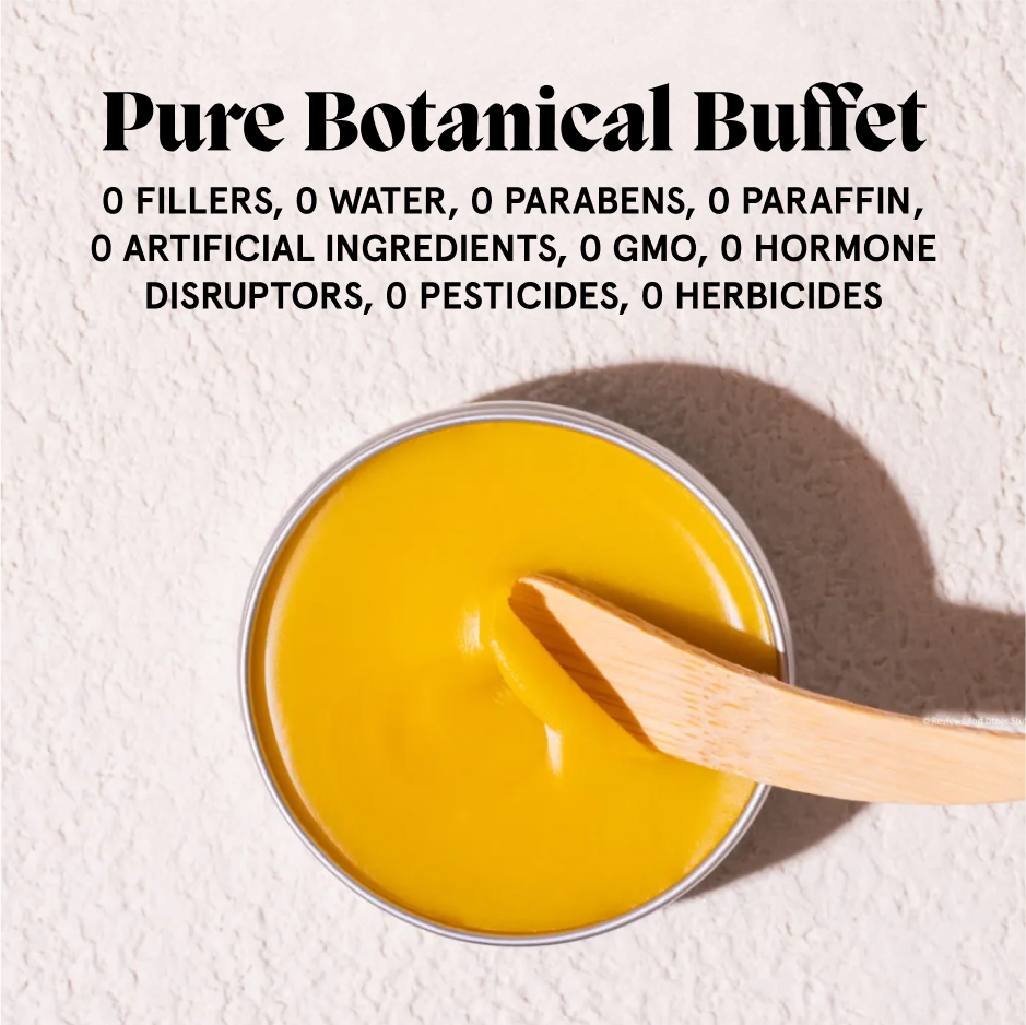 Open Acne Killer balm with a spatula beside a Pure Botanical Buffet free-from list